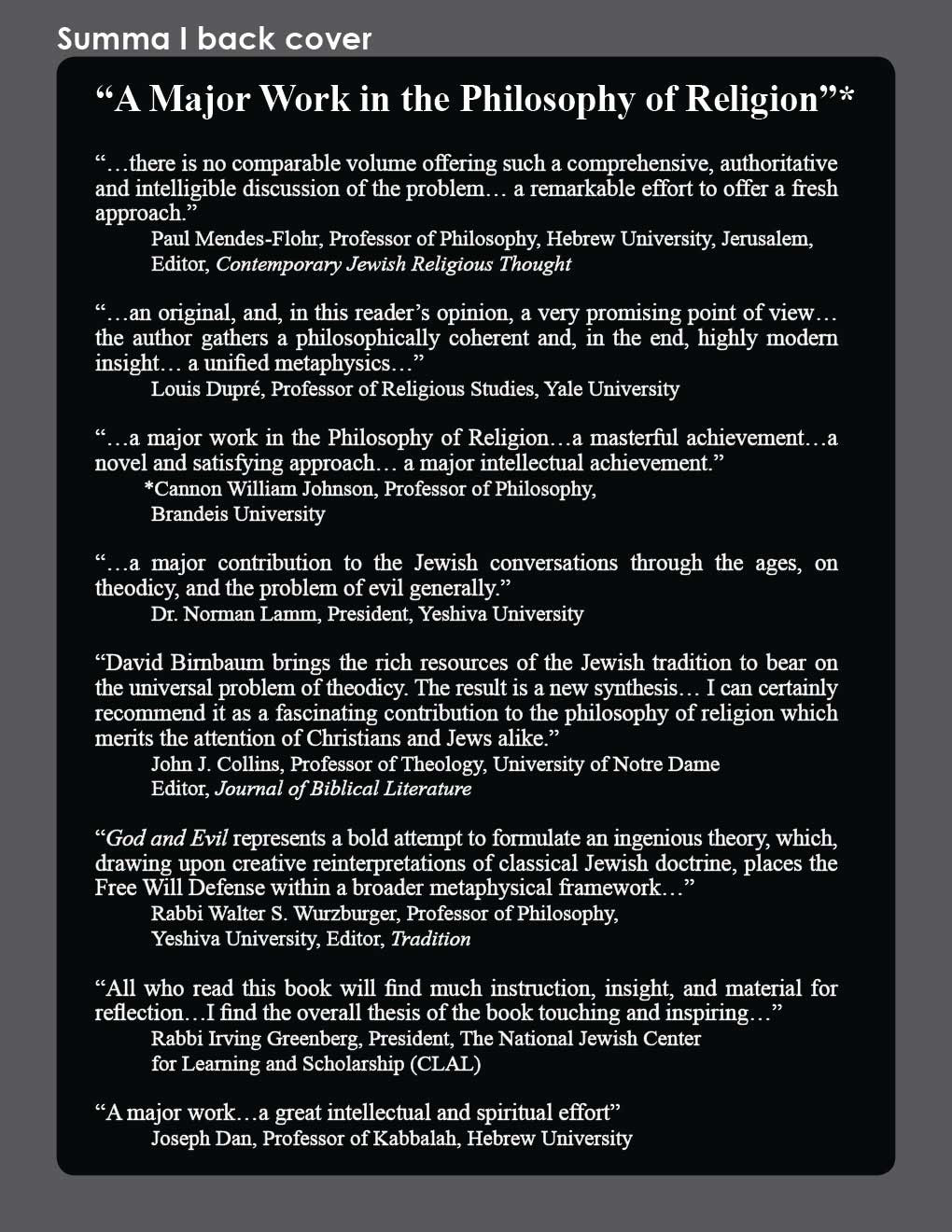 David Birnbaum Summa Metaphysica philosophy | Summa Metaphysica Book 1 Back cover. A Major Work in the Philosophy of Relgion